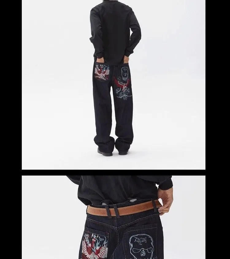Description Picture 4 of itemAmerican Skull Embroidered Loose Casual Jeans Embroidered Baggy Jeans Denim Men Women Goth High Waist Wide Trousers Y2k Pants