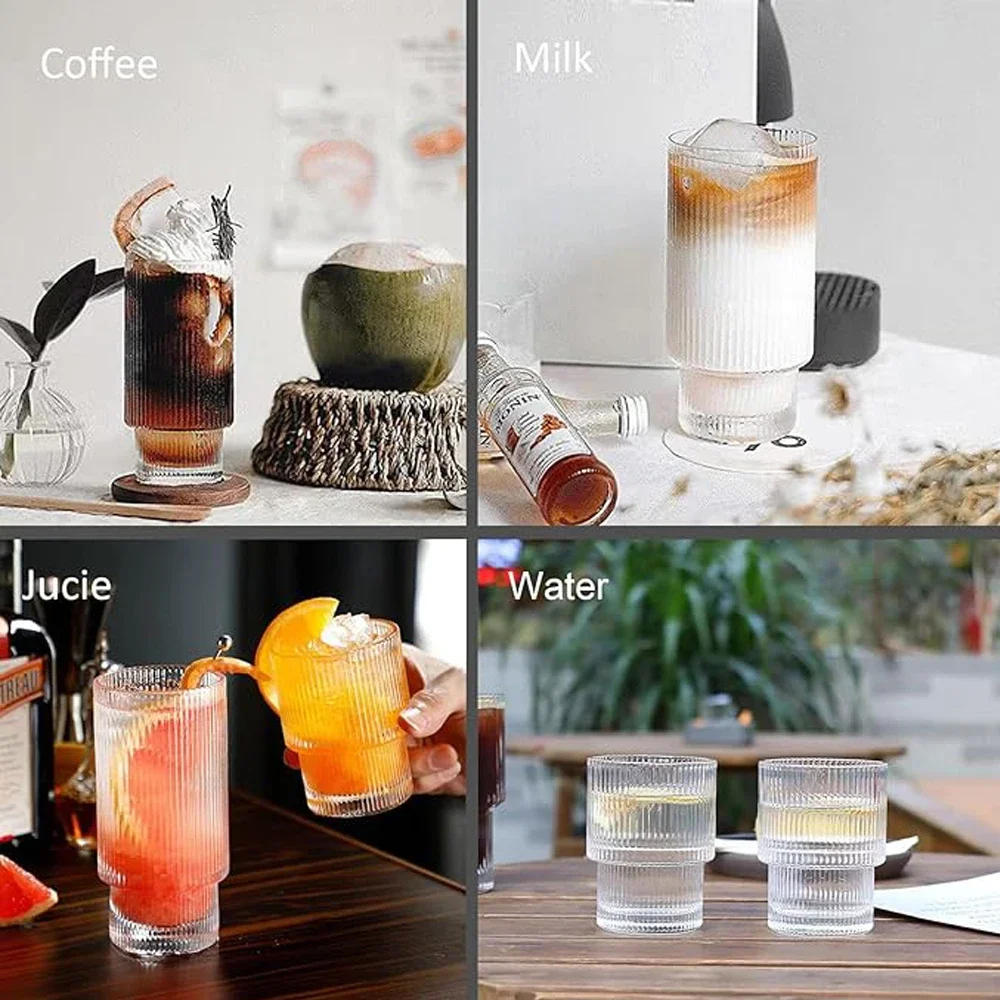 Description Picture 6 of item2pcs Coffee Glass Cups Stackable Glassware Stripe Transparent Drink Mugs for Cocktail Bar Beverage Soda Milk Juice Cup Drinkware