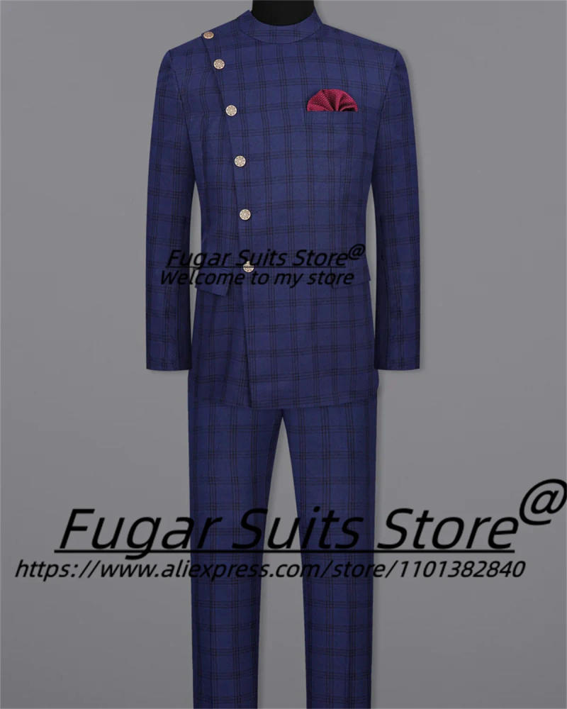 Description Picture 4 of itemLuxuly Navy Blue Plaid Suits For Men Slim Fit Business Groom Prom Tuxedos Party 2 Pieces Sets Classic Male Blazers Ropa Hombre