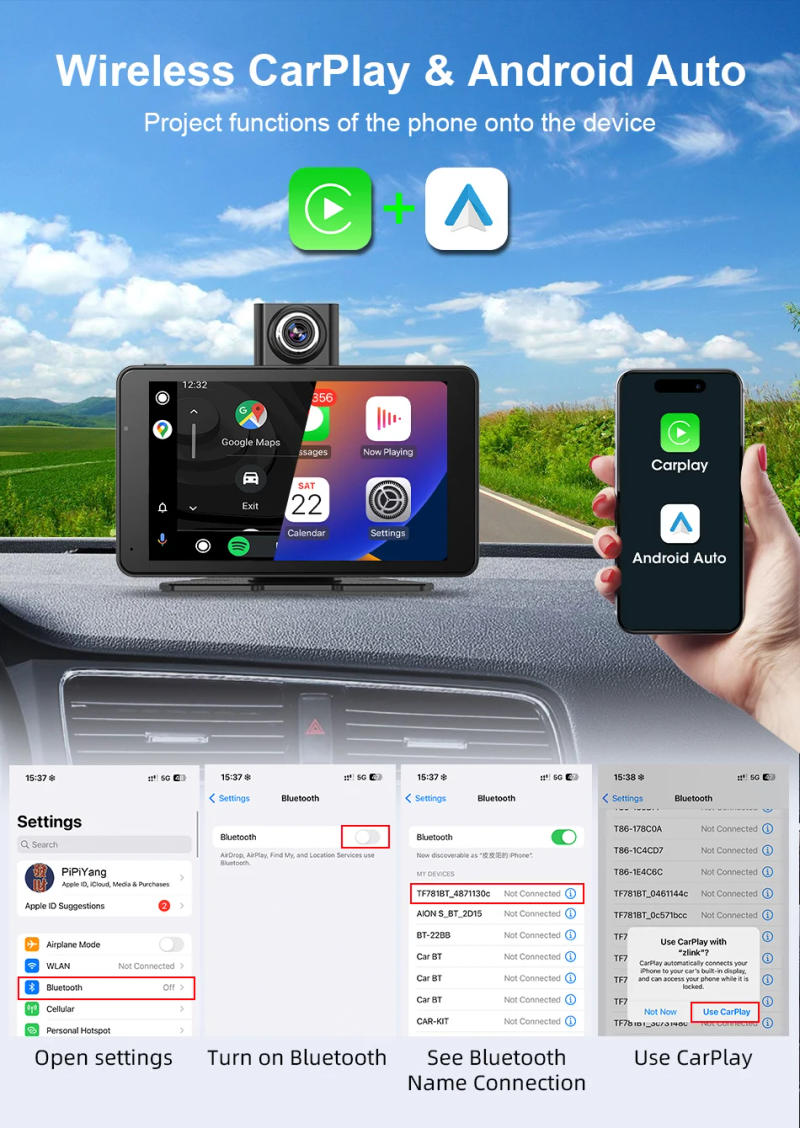 Description Picture 6 of item7 inch 350° Rotation Lens Dash Cam Carplay & Android Auto Car DVR Drive Video Recorder Stream Dashcam Rear View Camera BT FM AUX