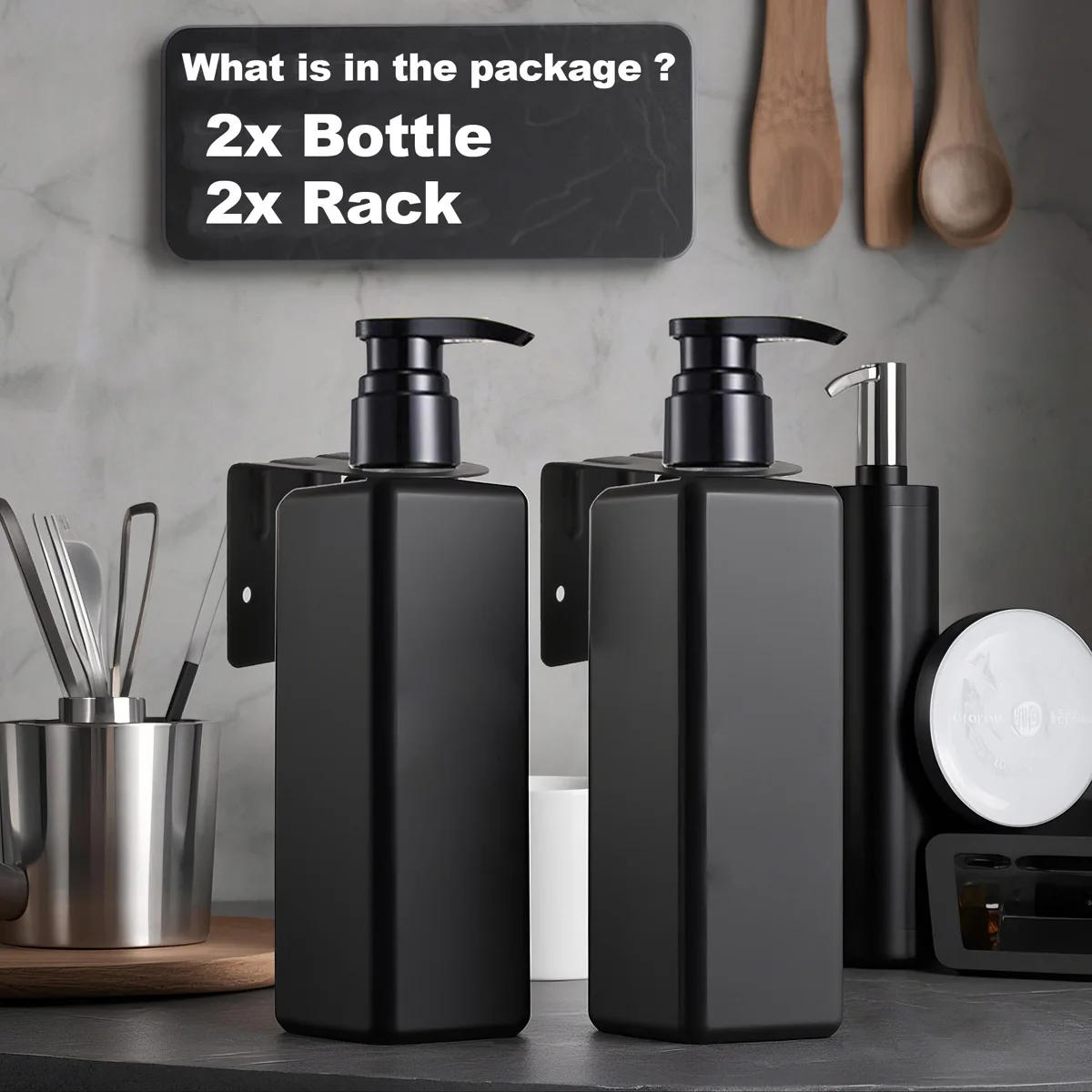 Description Picture 4 of item500ml Square Black Soap Dispenser with Label Wall Mounted Hanger Rack Refillable Empty Bottle Lotion Shampoo Container For Hotel