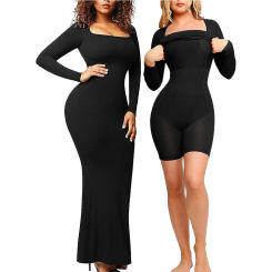 Long Body Shapewear Dresses Women Long Sleeves Tight Full Body Shaper Control Slips Built in Shapewear Bra in 1 Sexy Girl