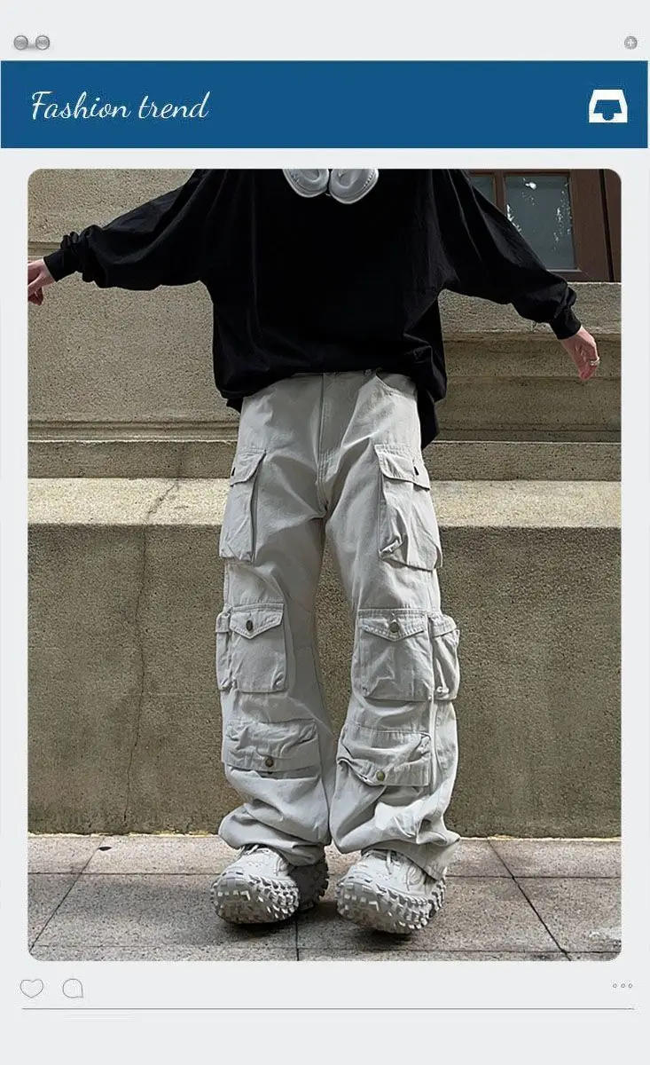 Description Picture 2 of itemTPJB Street Popular White Multi-pocket Overalls Men's Pants Harajuku Style Loose Casual Trousers Straight Mopping Pants Autumn