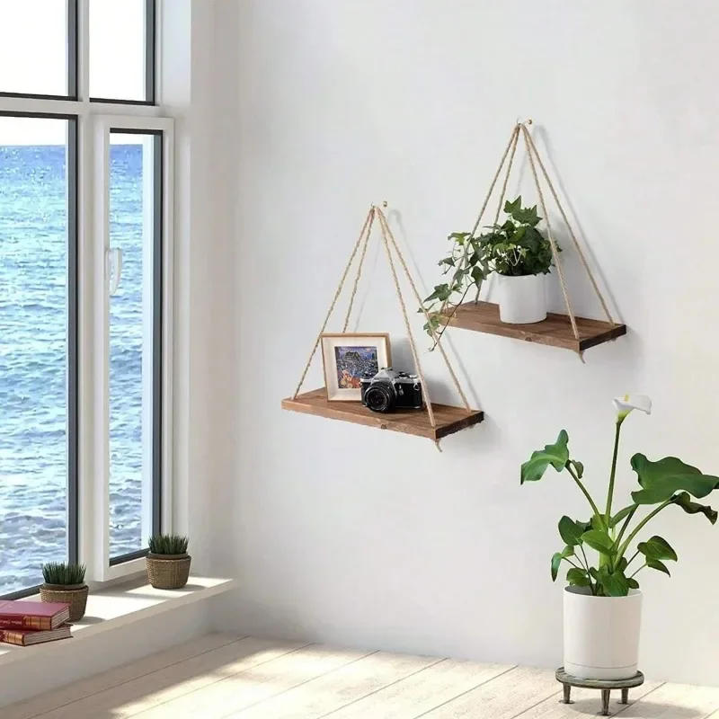 Description Picture 3 of item1PC Wooden Swing Hanging Hemp Rope Garden Decoration Wall Shelve Mounted Floating Home Living Room Plant Flower Pot Tray Storage