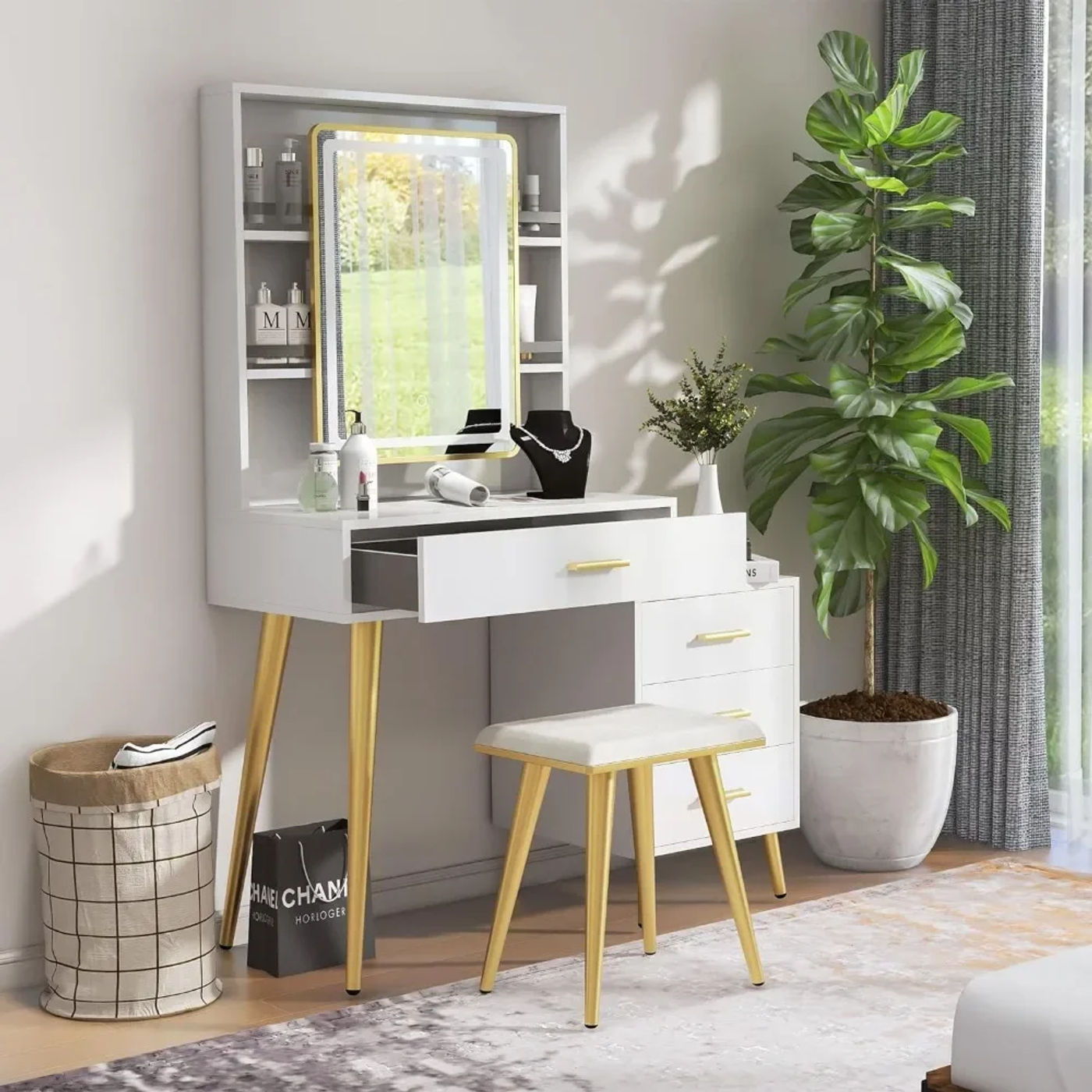 Description Picture 4 of itemMakeup Vanity With 4 Drawers Vanity Mirror With Lights and Table Set Rectangular Mirror White Freight Free Dressing Dresser Home