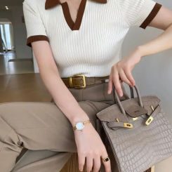 Women's Short Sleeve T-Shirt, Slimming Vintage Polo Collar, Elegant Blouse, Soft Breathable Top, Summer Fashion, 2024