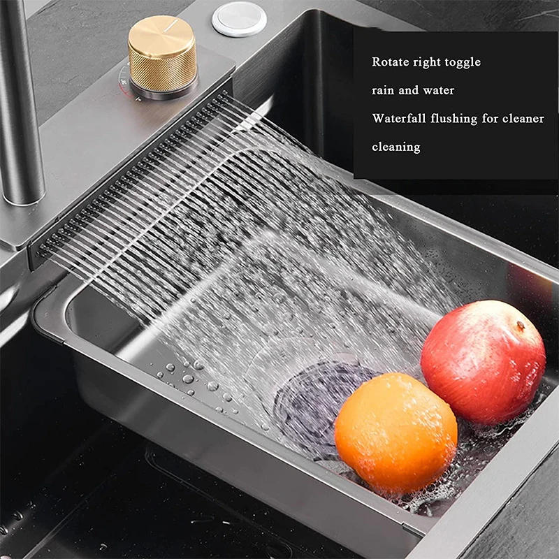 Description Picture 6 of itemBlack Nano Kitchen Sink With Knife Holder Waterfall Faucet Large Single Bowl Accessories Pure Tap Cup Washer Soap Dispenser