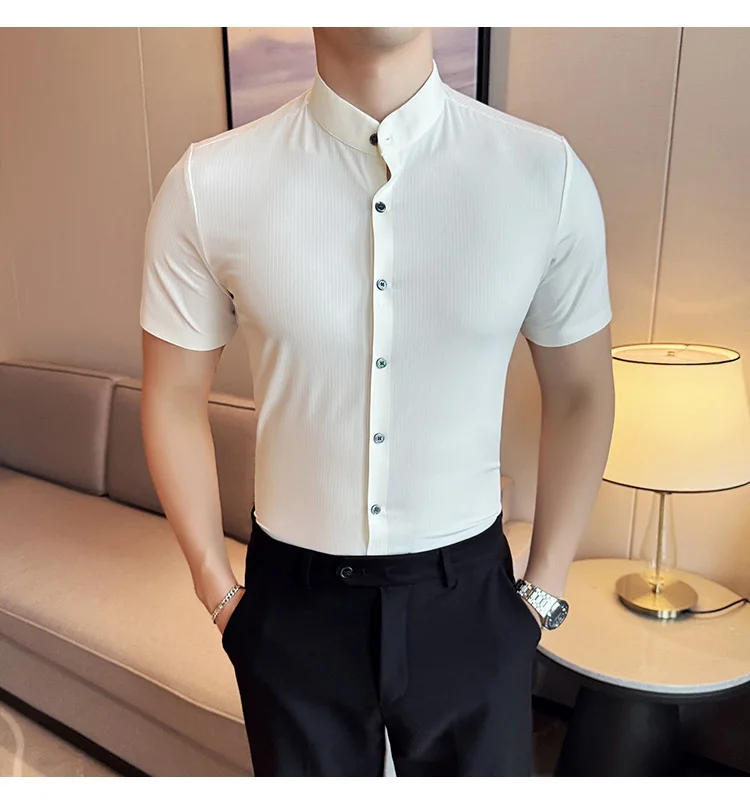 Description Picture 3 of itemSummer High Quality New Solid High Elasticity Seamless Short Sleeve Shirts Men Slim Social Casual Business Formal Dress Shirt