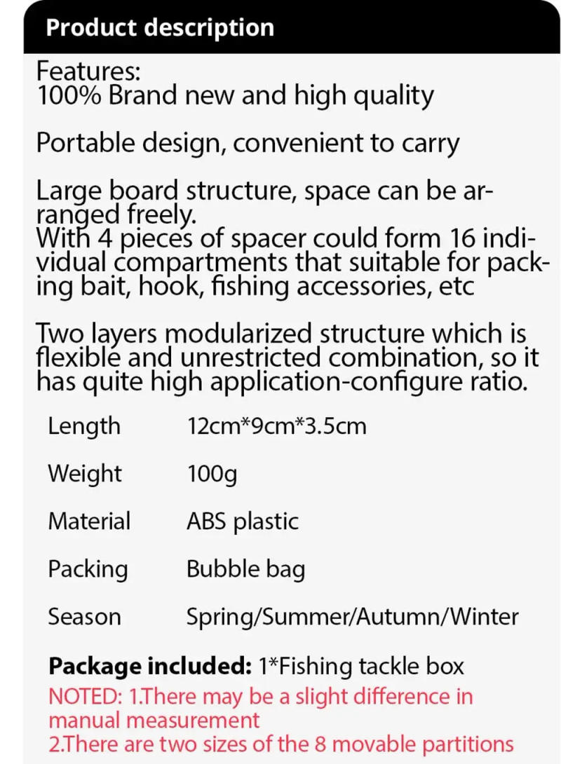 Description Picture 2 of itemComposable Space Plastic Fishing Tackle Box 2 Layers 12 Individual Compartments Spacer Portable Container Bait Hook Storage Case