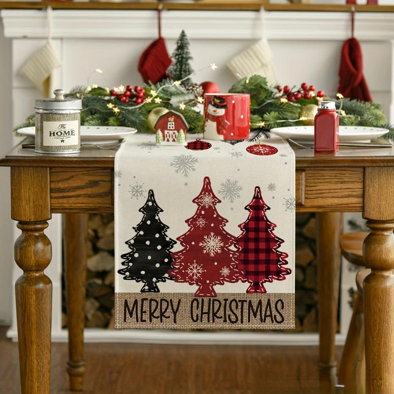Description Picture 3 of itemMerry Christmas Buffalo Plaid Xmas Tree Pattern Linen Table Runners Winter Holiday Wedding Party Decor Navidad Decorations 2025