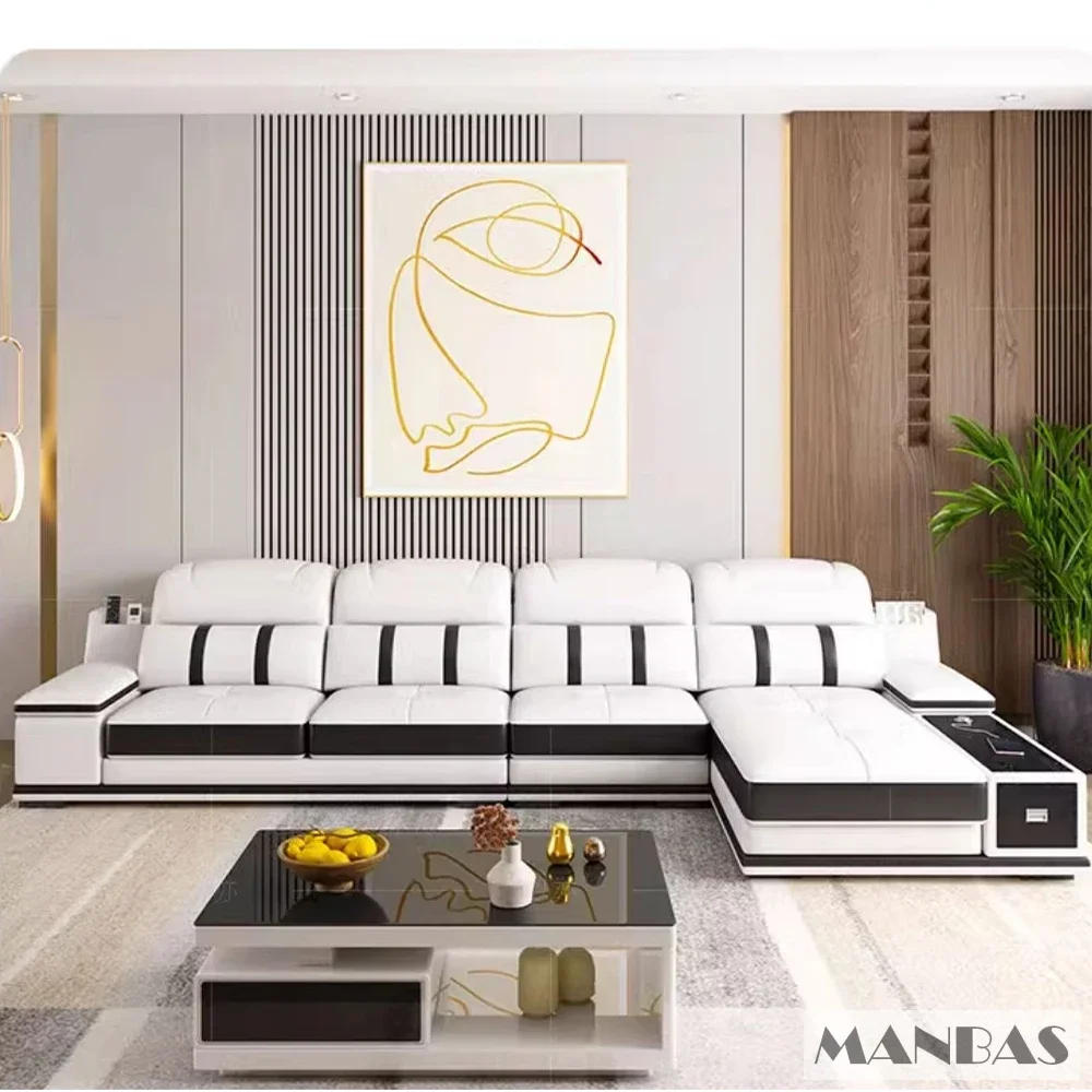 Description Picture 2 of itemModern Genuine Leather Sofa Living Room By MANBAS - Stylish Italian Couch with Bluetooth Speaker, USB & Adjustable Headrests