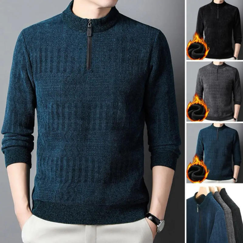 Description Picture 4 of itemMen Fleece-lined Sweater Cozy Men's Winter Sweaters Stylish Half Zipper Knitwear with Fleece Lining for Warmth Slim Fit Jumper