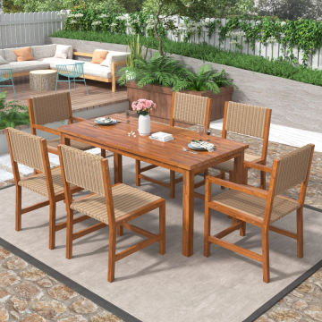 Stylish Design Acacia Wood And Rattan Outdoor Dining Table And Chairs For 6 People, Suitable For Courtyard,Patio, Balcony