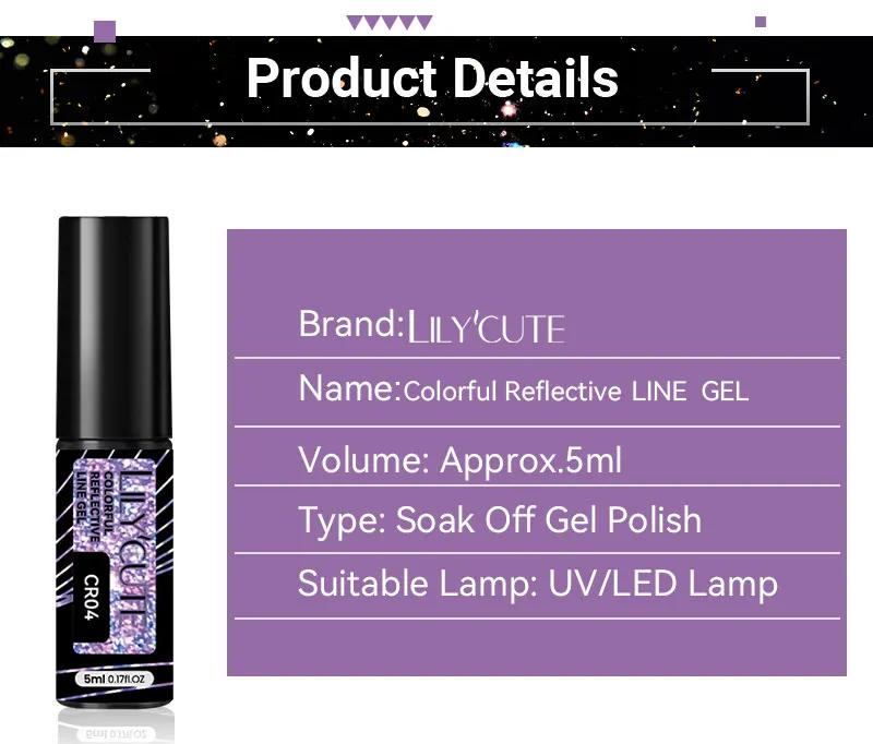 Description Picture 4 of itemLILYCUTE 5ml Reflective Glitter Liner Gel Nail Polish Superflash Colorful Sparkling Graffiti Painting Stripe Pull Line Nail Gel