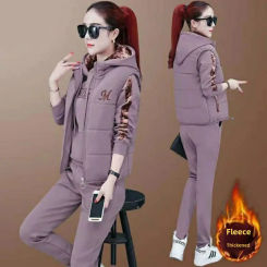 Women's Autumn Winter Fleece-lined Thickened Sports Suit Hooded Sweatshirt Three-piece Set Korean Style Warm Clothing