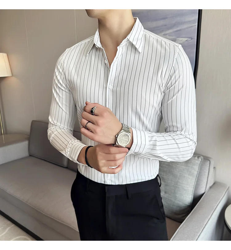 Description Picture 4 of itemHigh Quality Striped Business Shirt for Men Long Sleeved Slim Fit Casual Shirt Streetwear Social Party Tuxedo Blouse 2023 Autumn