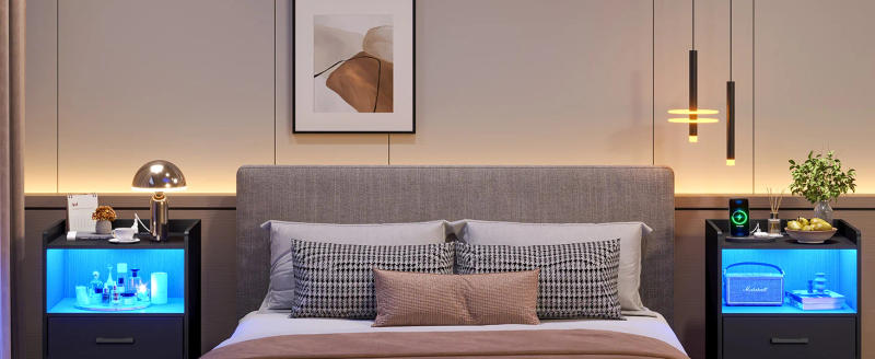 Description Picture 4 of itemNight Stand Set of 2 with LED Lights and Charging Station, Modern Bedside End Table with 2 Fabric Storage Drawers, Nightstands