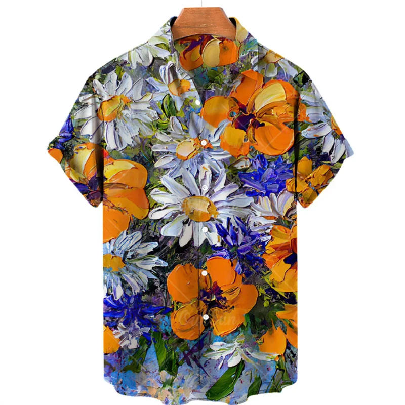 Description Picture 4 of item2022 New Hawaiian Shirts Men Women Oil Painting Floral Print Harajuku Style Casual Shirts Short Sleeve Summer Dress