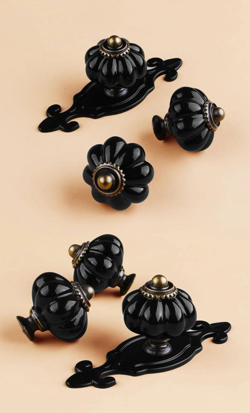 Description Picture 4 of itemBlack Ceramic Single Hole Knobs with Backplate for Drawer Antique Bronze Dresser Wardrobe Pulls Pumpkin Creative Cabinet Handles