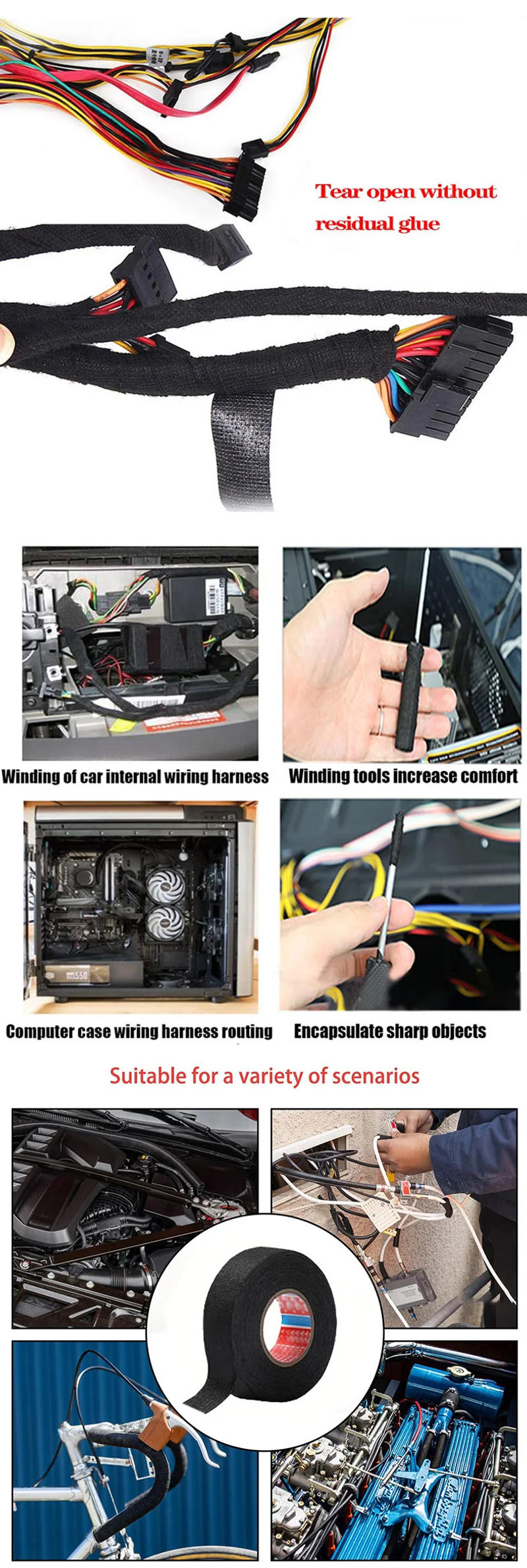 Description Picture 3 of item15M Heat Resistant Tape Coroplast Adhesive Automotive Cloth Tape For Car Cable Harness Wiring Fabric Loom Electrical Heat Tape