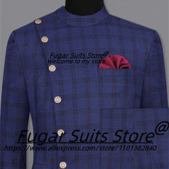 Luxuly Navy Blue Plaid Suits For Men Slim Fit Business Groom Prom Tuxedos Party 2 Pieces Sets Classic Male Blazers Ropa Hombre