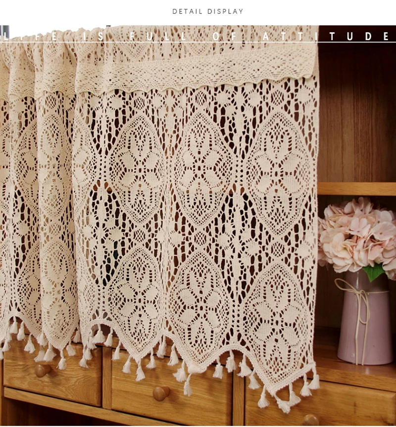 Description Picture 6 of itemRetro Crochet Curtains Valance Kitchen Window Curtain Tiers Rod Pocket Farmhouse Short Curtains for Room Divider Doorway Curtain