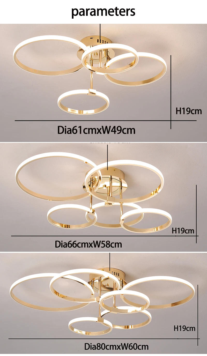 Description Picture 3 of itemModern Led Chandelier Gold/Chrome Led Ceiling Lights For Living Bedroom Kitchen 4-6 Ring Dimmable Ceiling Chandelier lustre