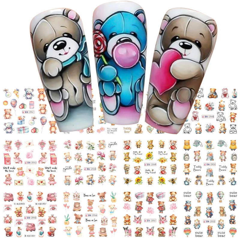 Description Picture 2 of item12pcs Little Bear Nail Stickers Set Cute Teddy Bear Anime Water Transfer Decals Sliders Flower Butterfly Manicures Decoration