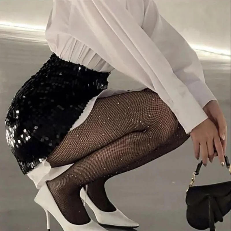 Description Picture 5 of itemWomen Sexy Diamond Tights Rhinestone Fishnet Bling Mesh Tights Shiny Fish Net High Waist Pantyhose Party Club Lady Black Tights