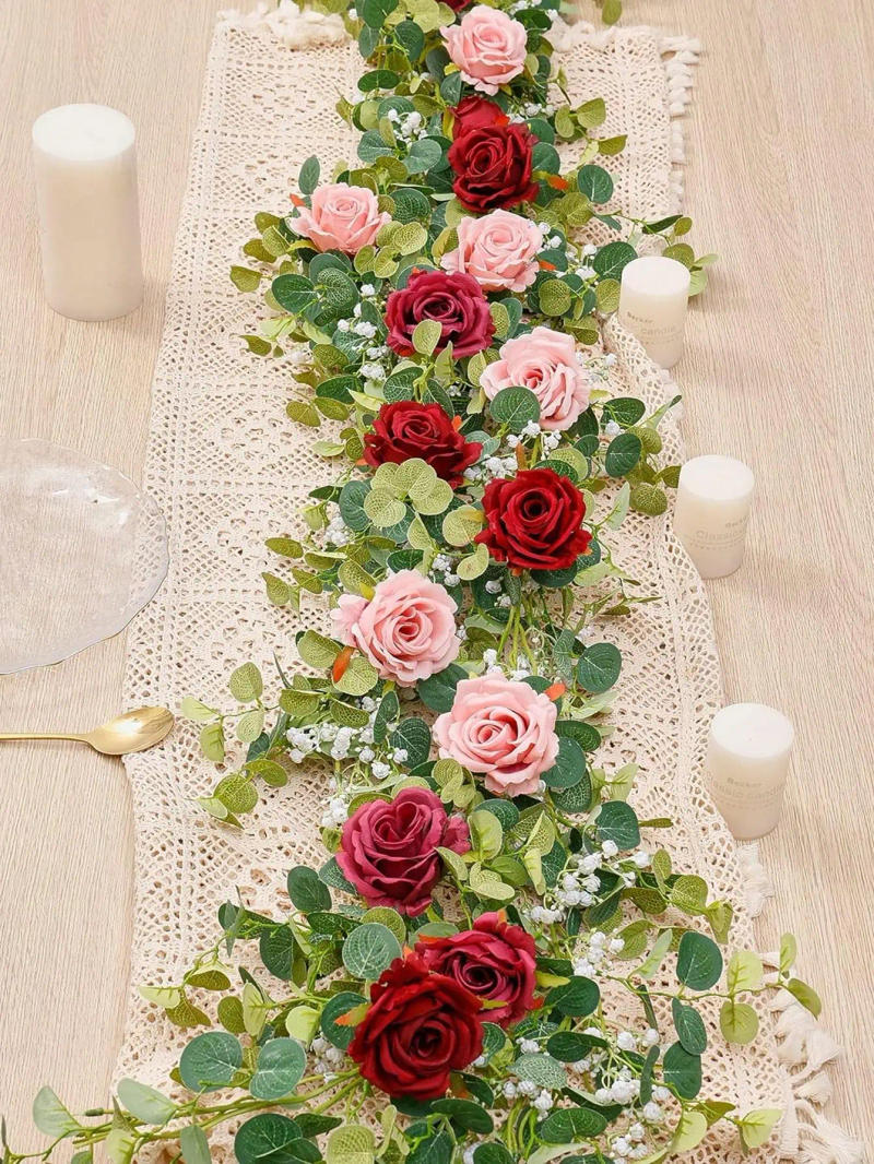 Description Picture 4 of item1pc 5.9FT Artificial Eucalyptus Vine Fake Rose Flowers Gypsophila Garland For Wedding Home Party Craft Art Table Runner Decor