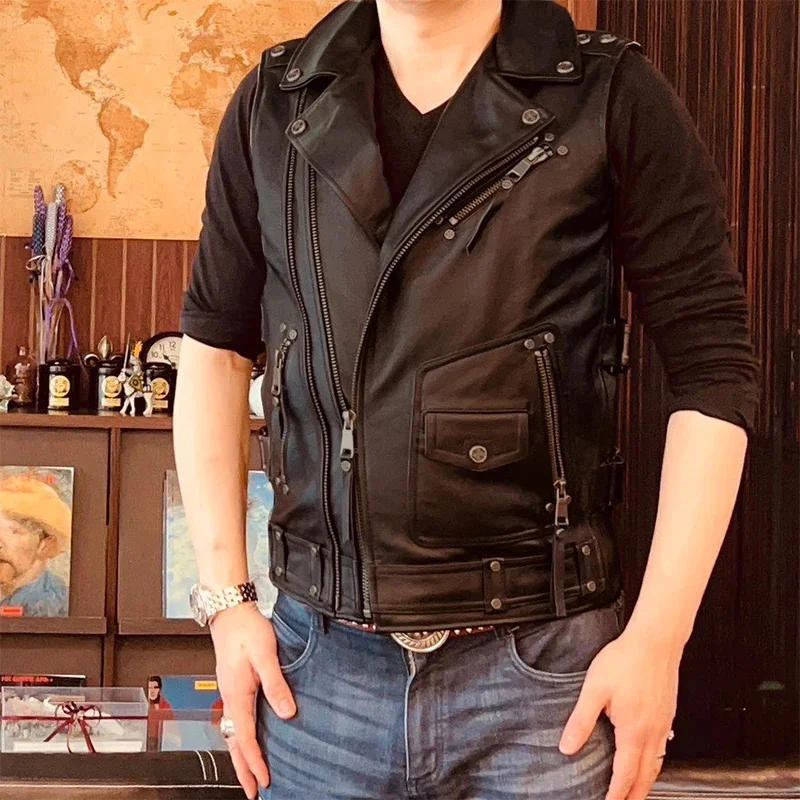 Description Picture 3 of itemFashion Motorcycle Vest Black Real Cowhide Genuine Leather s Men Motor Riding Sleeveless Jacket Autumn Winter
