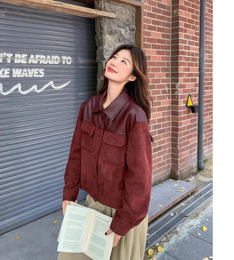 Description Picture 6 of itemJmprs Retro Streetwear Jackets Women Pu Patchwork American Coat Fall Winter Long Sleeve Harajuku Vintage Bf Burgundy Casual Tops