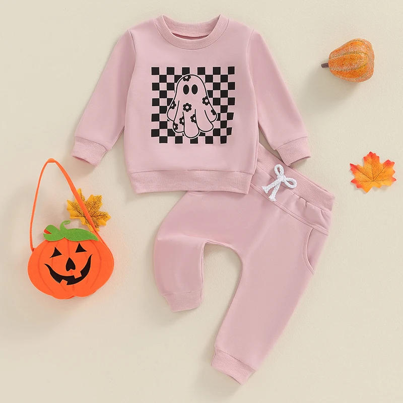 Description Picture 2 of itemLittle Girls Halloween Pants Sets Long Sleeve Ghost Checkerboard Print Tops Solid Color Pants Sets