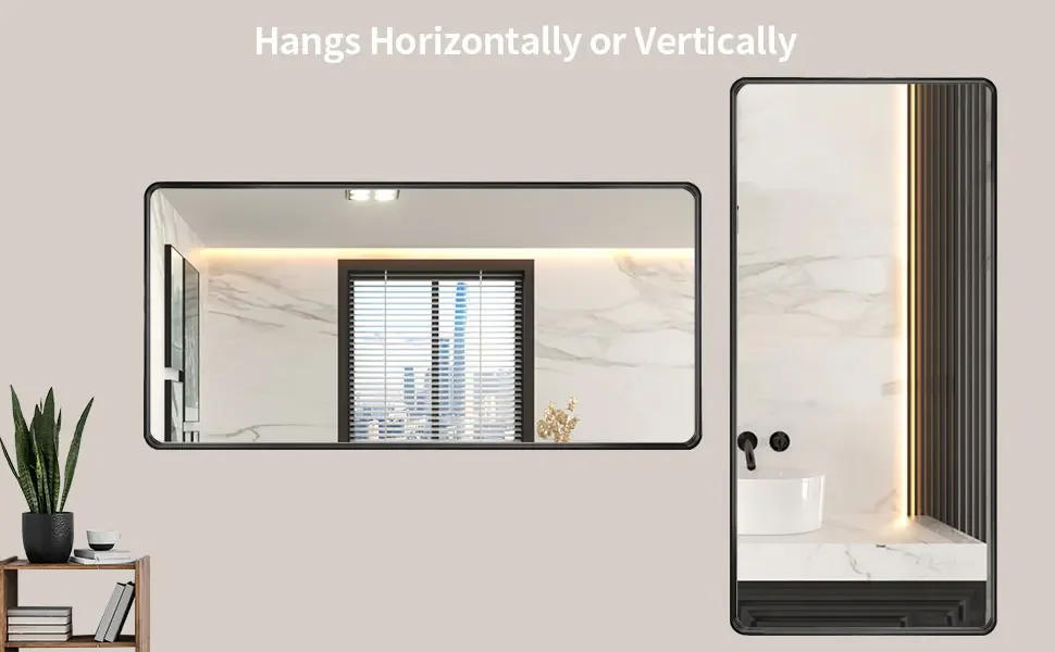 Description Picture 5 of item60X28 Inch Metal Framed Bathroom Mirror for Wall, Matte Black Bathroom Vanity Mirror Farmhouse, Large Rounded Rectangle Mirror