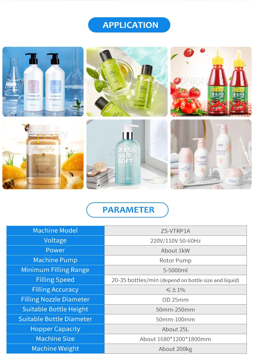 Description Picture 3 of itemZONESUN Paste Filling Machine ZS-VTRP1 Servo Motor Rotor Pump Bottle Filler with Unscrambler Cream Honey Sauce Food Packaging