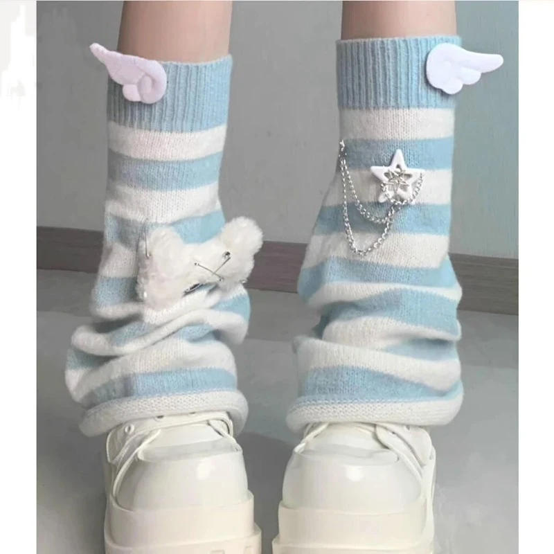 Description Picture 4 of item2024 Women Gothic Lolita Striped Leg Warmer Harajuku Y2k Girls Punk Black Blue Wing Plush Bones Knitted Leg Cover Streetwear