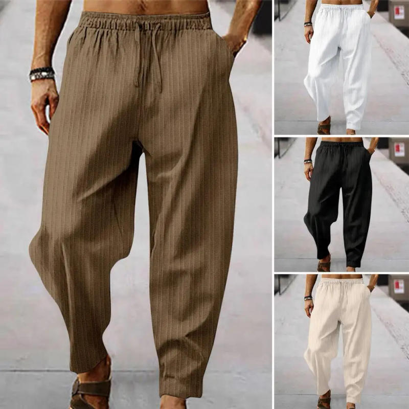 Description Picture 3 of itemMen Pants Solid Color Drawstring Elastic Waist Trousers Wide Leg Striped Deep Crotch Loose Soft Breathable Sports Sweatpants