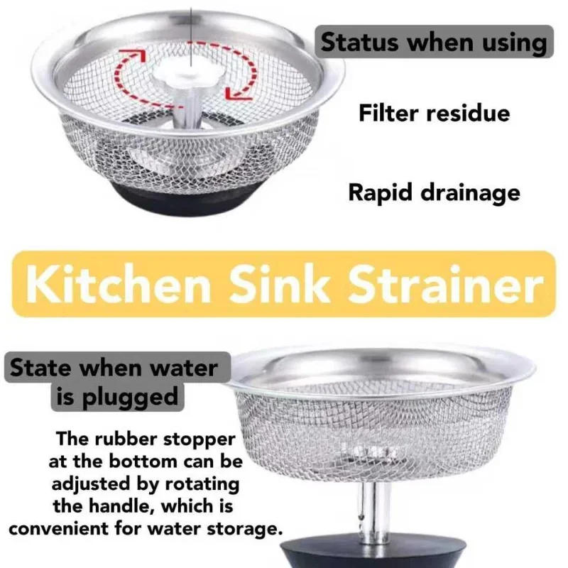 Description Picture 6 of itemKitchen Sink Strainer with Handle & Stopper Replacement Sink Drain Basket Stainless Steel Mesh Filter Strainers Waste Hole Trap
