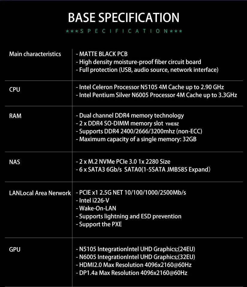 Description Picture 5 of itemN6005 NAS Board Industrial Motherboard NAS Motherboards 4 Cores 4 Threads Processor 4x2.5G i226 Network 2 M.2 NVMe Slot 6xSATA