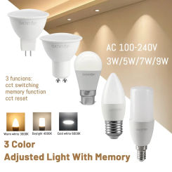 2pcs 3 Color Temperature light Bulb CCT E27 B22 GU10 GU5.3 Base AC110V 220V Memory Function Color Temp Reset Light for Bedroom