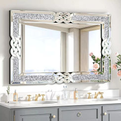 Wisfor Crushed Diamond Wall Mirror Rectangular Glass Silver Vanity with Decorative Glam Bling Crystal Frame Edge