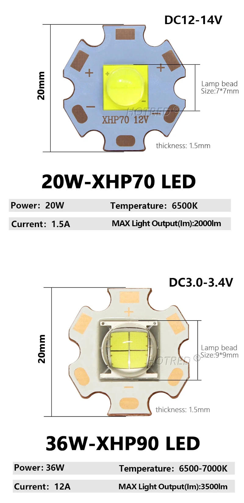 Description Picture 5 of itemHigh Power LED Chip Beads XHP70 XHP90 XHP110 3A 6A 10A 24A 18W 24W60W 72W DC3-5V DC6-8V DC24V White For Flashlight Headlight DIY