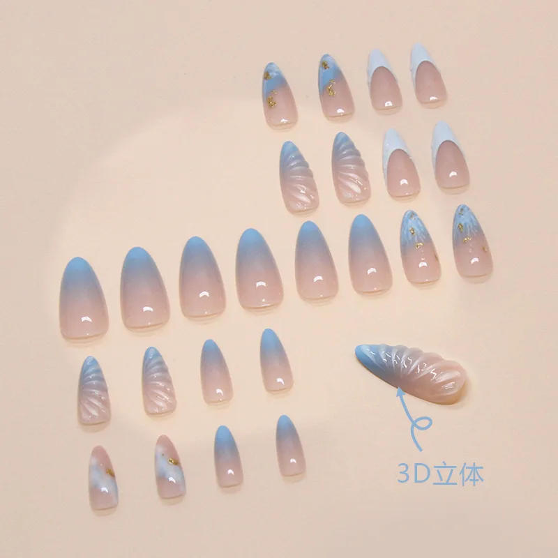 Description Picture 5 of item24pcs Long Almond Fake Nails with Blue Ocean Shells Designs Wearable Acrylic Fake Nails with Glue Full Cover French Nails Tips