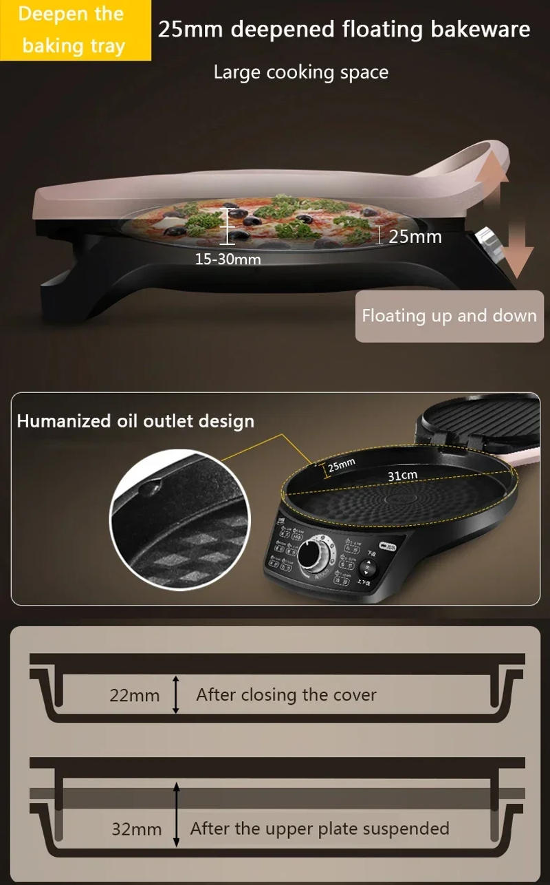 Description Picture 3 of itemHousehold Double Side Heating Electric Skillet 220V Crepe Pancake Maker Automatic Pizza Pie Machine BBQ Tool Frying Pan