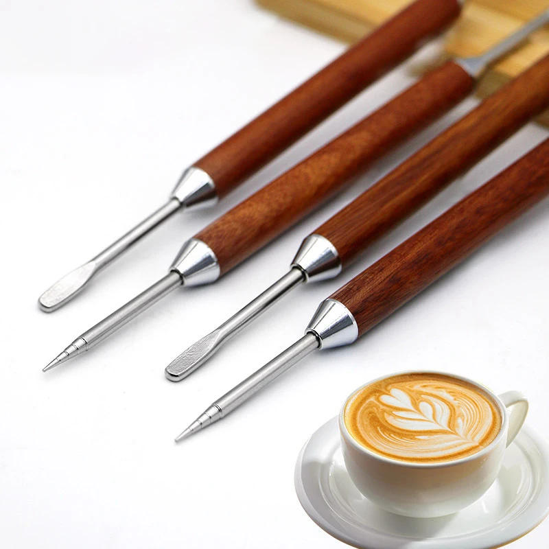 Description Picture 4 of itemCoffee Latte Art Stainless Steel Carving Needle Solid Wood Latte Coffee Crochet Needle Fancy Coffee Latte Art Pen barista Tool
