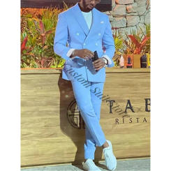 Sky Blue Men Suits 2 Pieces Slim Fit Casual Groom Tuxedos Double Breasted Wedding Blazer Jacket Pants Tailor-made Male Outfit