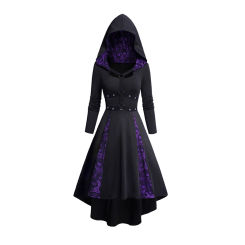 Women's Hoodie Dresses Halloween Skull Lace Patchwork O Ring Grommet Decor Hooded Dress Contrast Long Sleeve High Low Dress