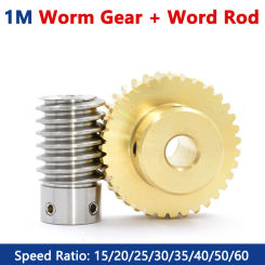 1 Set 1 Module Turbine Worm Gears 1M Brass Worm Gear + Steel Worm Rod Transmission Ratio 15/20/25/30/35/40/50/60 Reducer Parts