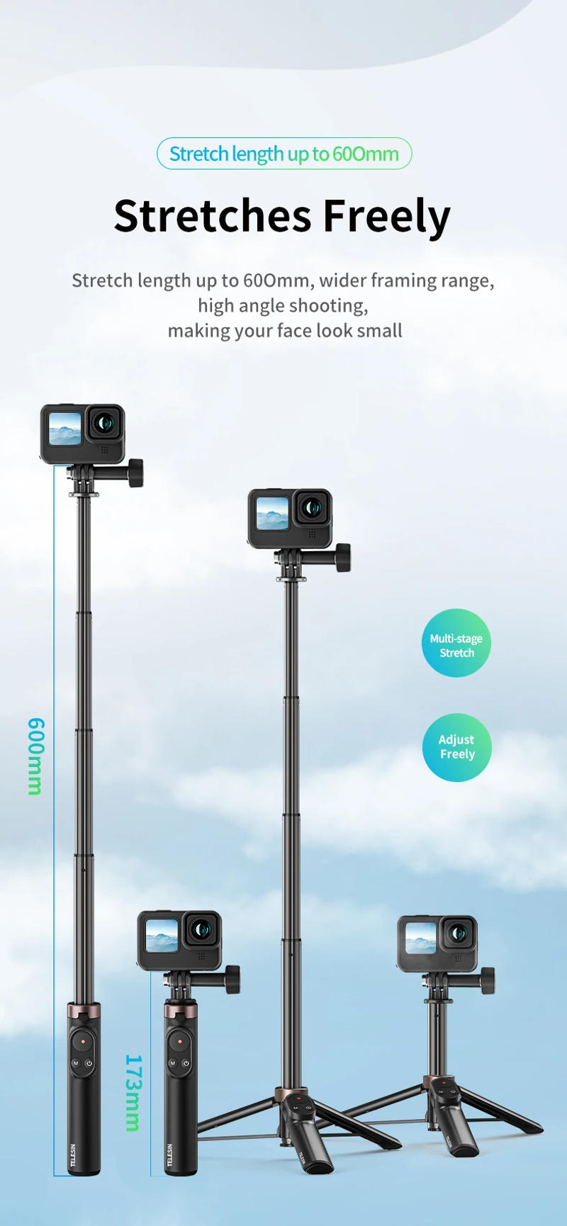 Description Picture 4 of itemTELESIN 60CM Wireless Bluetooth Remote Control Vlog Selfie Stick Tripod Mount Black for GoPro 13 12 11 10 9 8 Camera Smart Phone