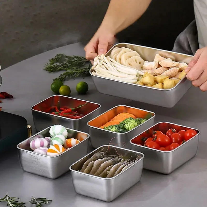 Description Picture 5 of itemStainless Steel Food Storage Container Rectangle Dish with Cover Noodles Fruit Tray Lunch Box Thick Refrigerator Organizer Plate